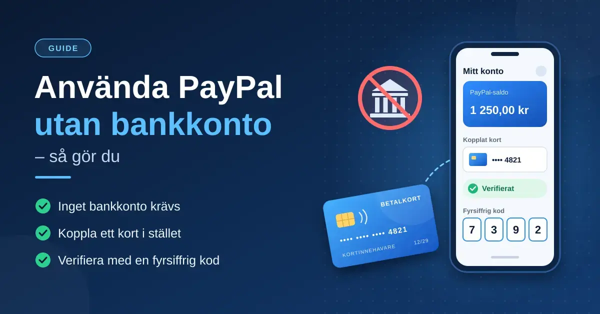 Grafik med rubriken "Använda PayPal utan bankkonto – så gör du", en överstruken bankikon, ett betalkort och en mobil som visar PayPal-saldo, ett kopplat och verifierat kort samt en fyrsiffrig kod.
