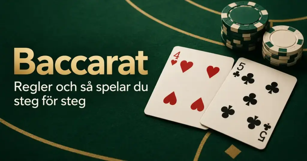 Hjärter fyra och klöver fem med spelmarker på ett grönt baccaratbord intill texten ”Baccarat – Regler och så spelar du steg för steg”.