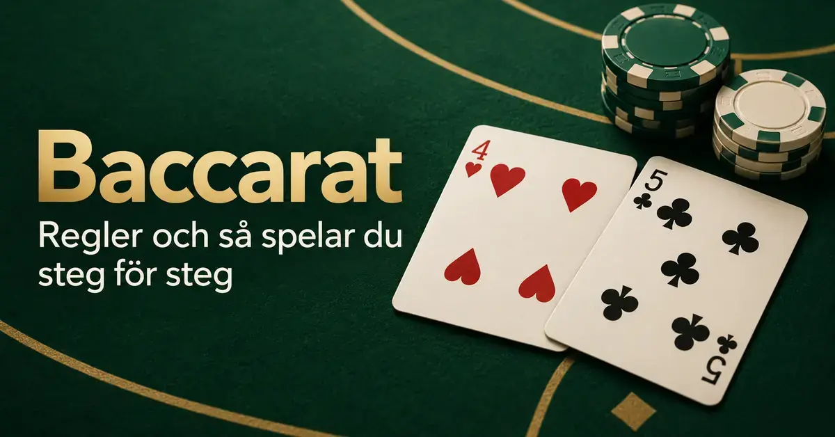 Hjärter fyra och klöver fem med spelmarker på ett grönt baccaratbord intill texten ”Baccarat – Regler och så spelar du steg för steg”.