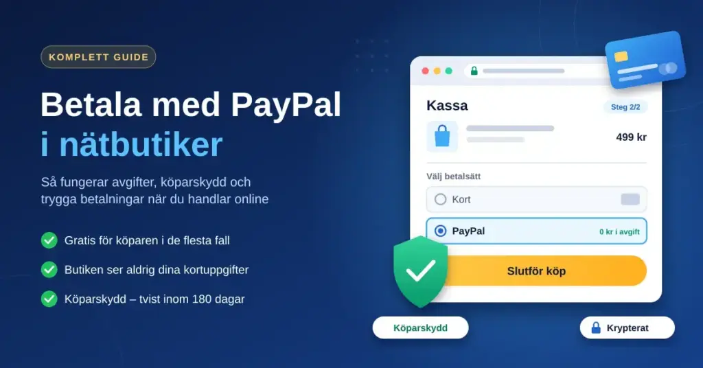 Grafik med rubriken "Betala med PayPal i nätbutiker" bredvid en illustrerad webbutikskassa där PayPal är valt som betalsätt, kompletterad med en grön sköld för köparskydd och en symbol för krypterad betalning.