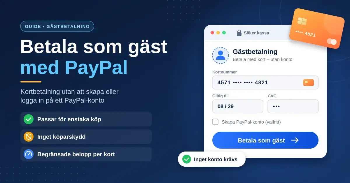 Illustration av en kassa där man betalar som gäst med PayPal genom att fylla i kortuppgifter utan att skapa eller logga in på ett konto, bredvid rubriken "Betala som gäst med PayPal" och punkter om enstaka köp, inget köparskydd och begränsade belopp per kort.