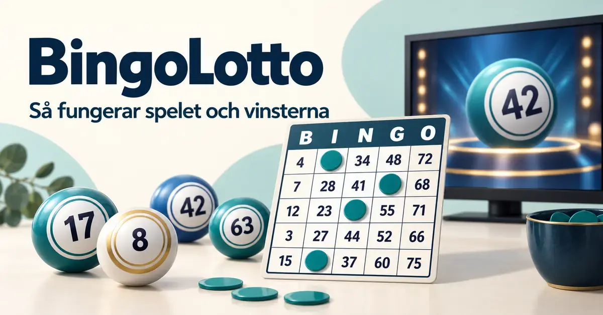 Illustration av en bingobricka, numrerade bingobollar och en TV med texten ”BingoLotto – Så fungerar spelet och vinsterna”.