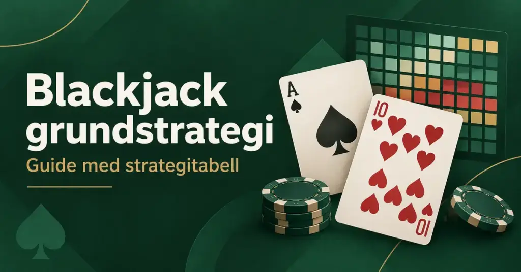 Illustration av spader ess, hjärter tio och spelmarker framför en färgkodad tabell med texten ”Blackjack grundstrategi – Guide med strategitabell”.