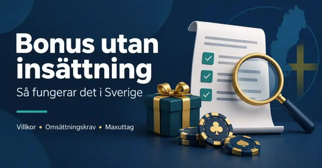 Illustration av en bonusgåva, spelmarker och ett förstoringsglas över en checklista, med text om bonus utan insättning i Sverige och villkor för omsättningskrav och maxuttag.