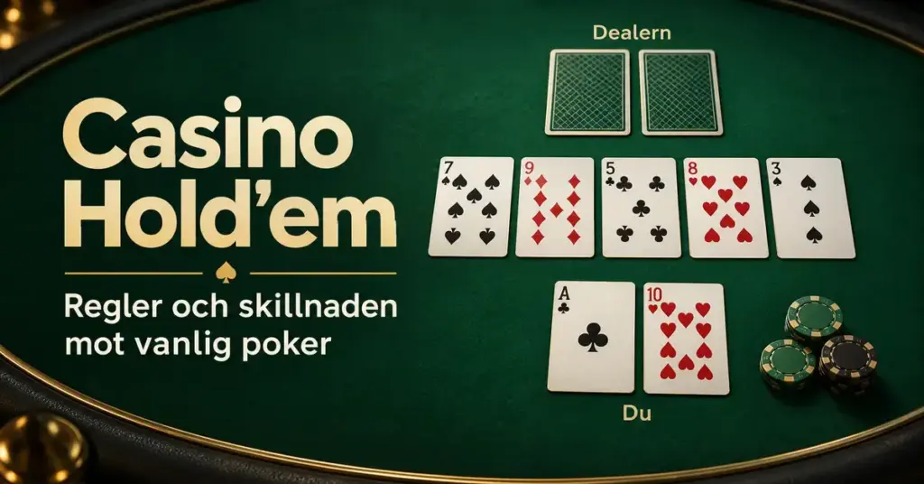 Illustration av Casino Hold'em med dealerns två dolda kort, fem gemensamma kort och spelarens två öppna kort på ett grönt casinobord.
