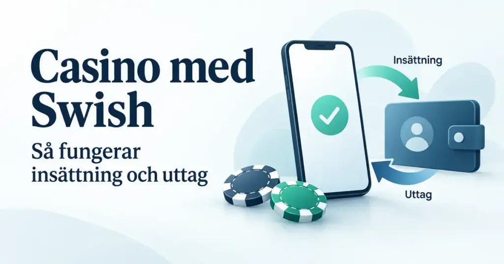 Illustration av en mobiltelefon, en plånbok och kasinomarker med pilar för insättning och uttag med Swish.