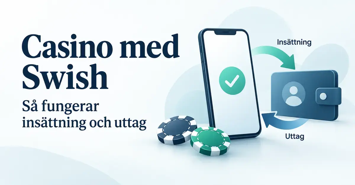 Illustration av en mobiltelefon, en plånbok och kasinomarker med pilar för insättning och uttag med Swish.