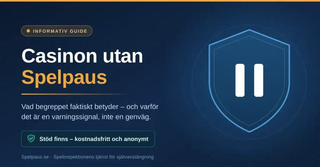 Grafik med rubriken "Casinon utan Spelpaus" bredvid en sköld med en paussymbol, samt texten att stöd finns kostnadsfritt och anonymt.