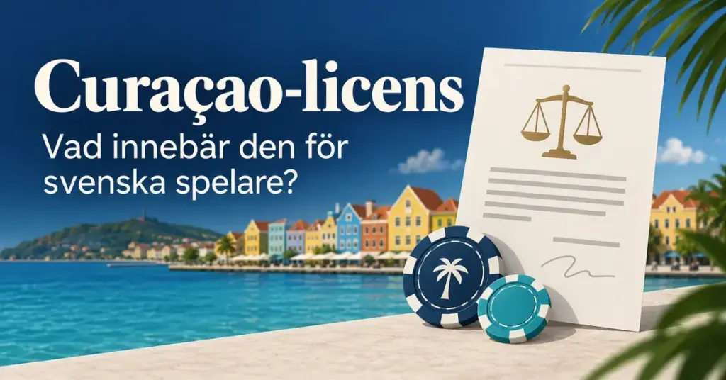 Illustration av ett licensdokument med en balansvåg och kasinomarker framför Curaçaos färgglada kustbebyggelse, med texten ”Curaçao-licens – Vad innebär den för svenska spelare?”.