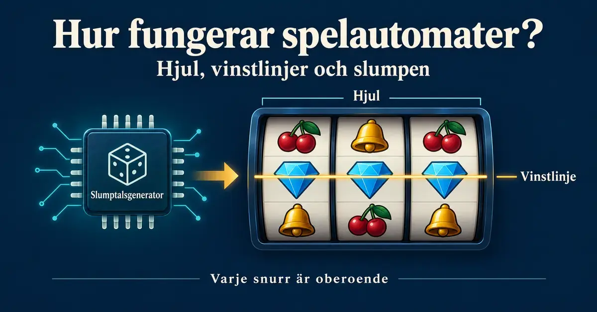 Illustration som visar hur en slumptalsgenerator bestämmer resultatet på en spelautomats tre hjul, med en markerad vinstlinje och texten ”Varje snurr är oberoende”.