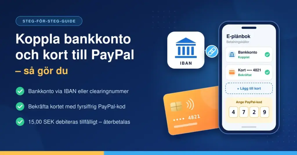 Illustration av en mobil med PayPal-plånboken där ett bankkonto och ett betalkort är kopplade, bredvid rubriken ”Koppla bankkonto och kort till PayPal – så gör du” och en ruta för att ange den fyrsiffriga PayPal-koden.