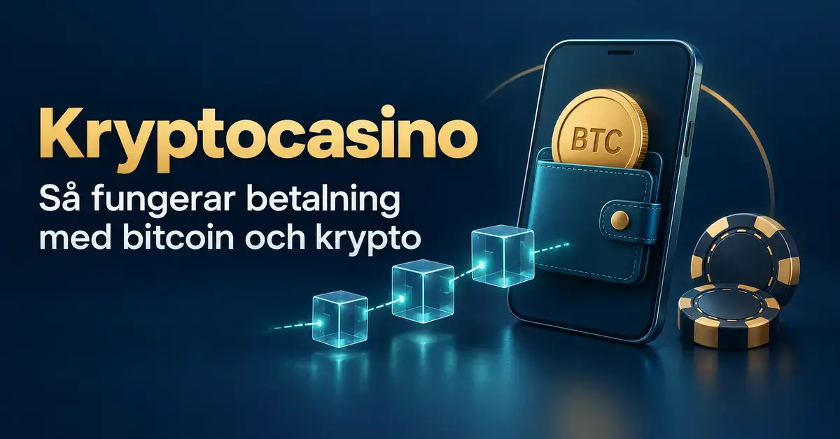 Illustration av en digital plånbok med ett bitcoinmynt, sammanlänkade block och kasinomarker intill texten ”Kryptocasino – Så fungerar betalning med bitcoin och krypto”.
