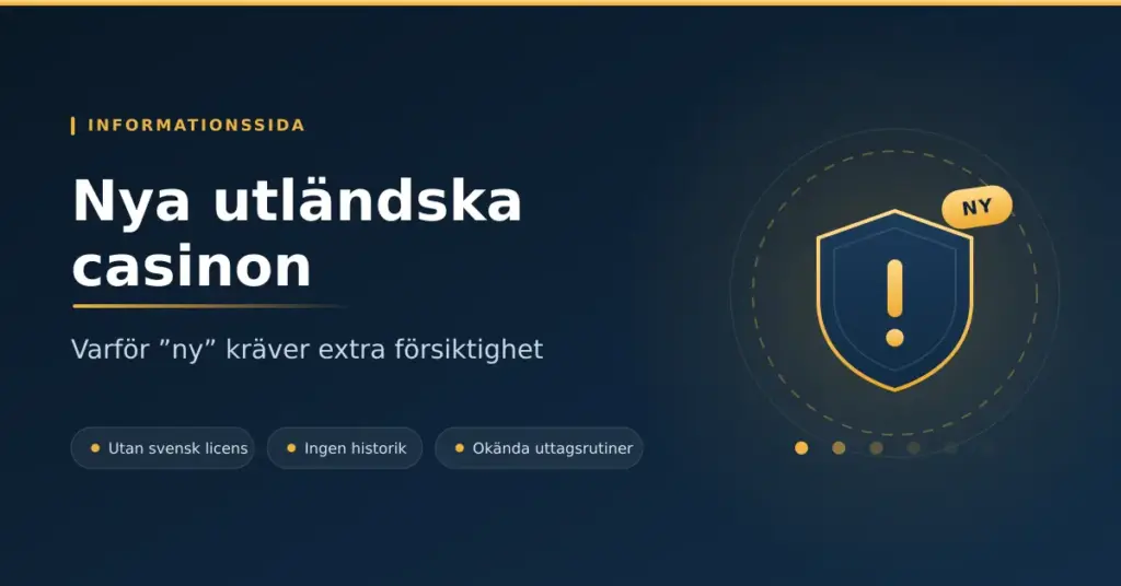 Grafik med rubriken Nya utländska casinon och underrubriken ”Varför ny kräver extra försiktighet”, illustrerad med en gyllene sköld med utropstecken och en NY-etikett mot mörkblå bakgrund.