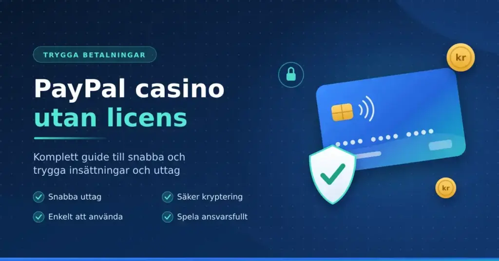 Grafik med rubriken "PayPal casino utan licens" och ett blått betalkort, en sköld med bock och guldmynt som symboliserar snabba och säkra betalningar hos casinon utan svensk licens.