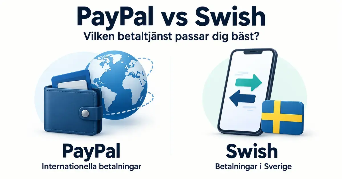 Jämförelse mellan PayPal och Swish, illustrerad med en plånbok och jordglob för internationella betalningar samt en mobiltelefon och svensk flagga för betalningar i Sverige.