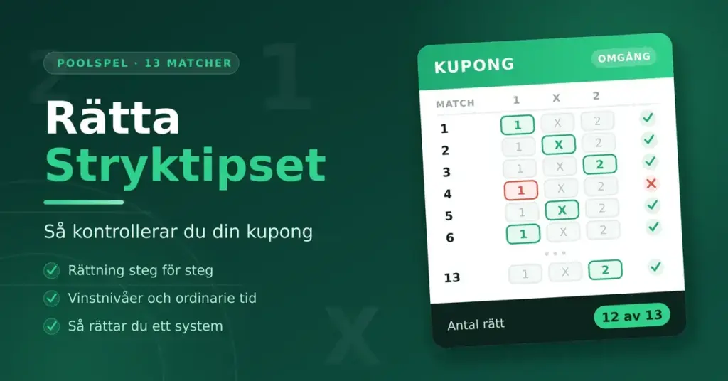 Grafik med en tipskupong där rutorna 1, X och 2 är ikryssade och rättade med gröna bockar och ett rött kryss, bredvid rubriken "Rätta Stryktipset – så kontrollerar du din kupong".