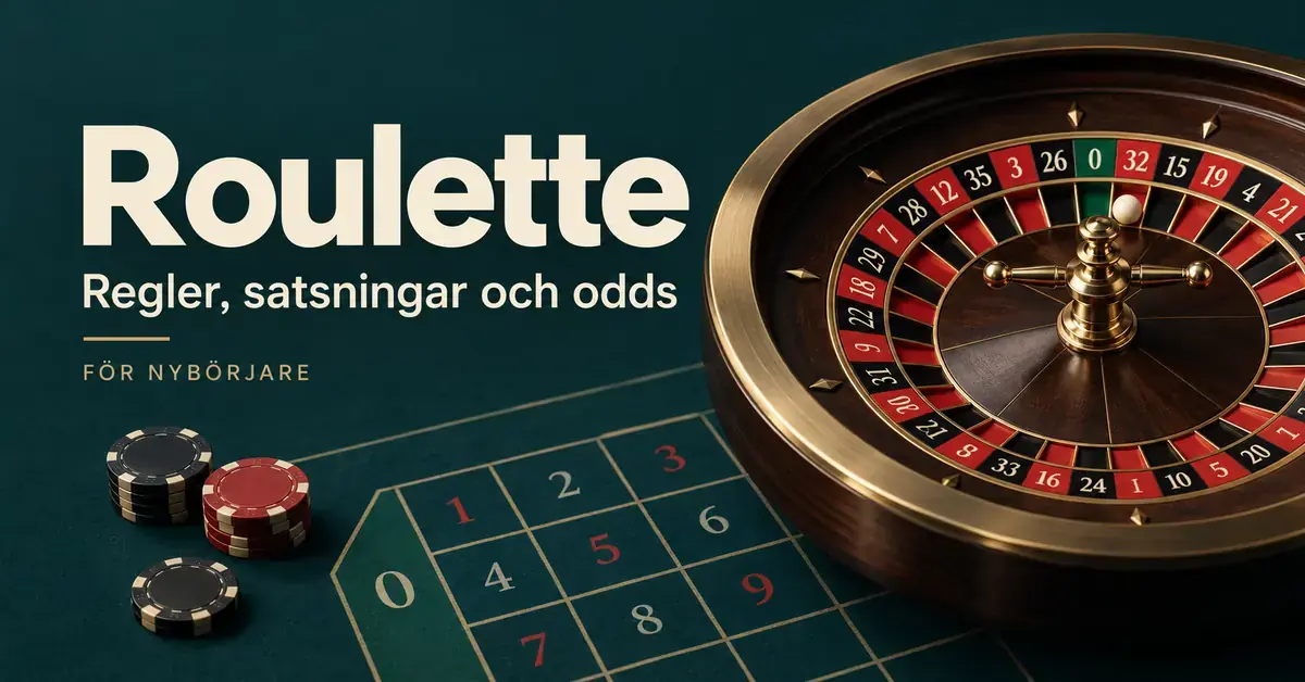 Roulettehjul med kula och spelmarker på mörkgrön bakgrund intill texten ”Roulette – Regler, satsningar och odds – För nybörjare”.