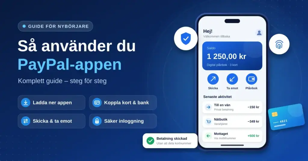 Illustration av en mobil med en digital plånboksapp som visar saldo, knappar för att skicka och ta emot pengar samt senaste betalningar, bredvid rubriken "Så använder du PayPal-appen" och fyra punkter: ladda ner appen, koppla kort och bank, skicka och ta emot samt säker inloggning.