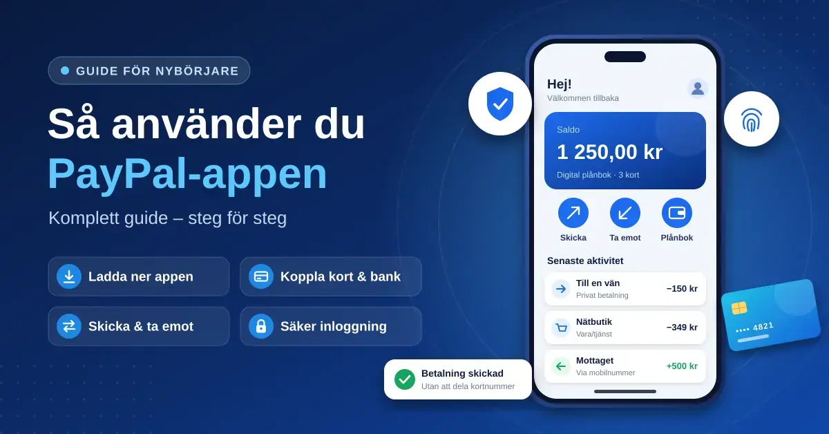 Illustration av en mobil med en digital plånboksapp som visar saldo, knappar för att skicka och ta emot pengar samt senaste betalningar, bredvid rubriken "Så använder du PayPal-appen" och fyra punkter: ladda ner appen, koppla kort och bank, skicka och ta emot samt säker inloggning.