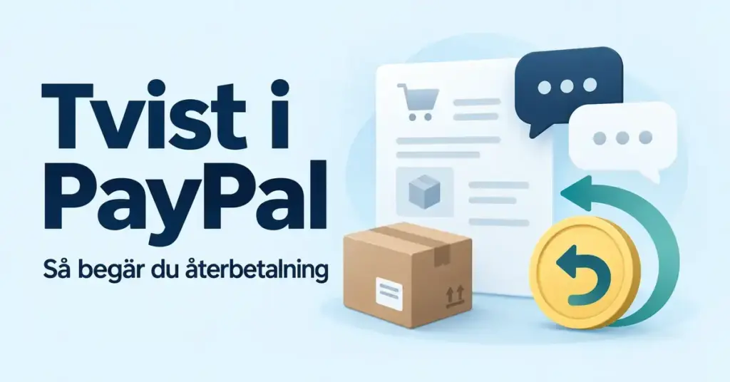 Illustration med paket, pratbubblor och ett mynt med returpil samt texten ”Tvist i PayPal – Så begär du återbetalning”.