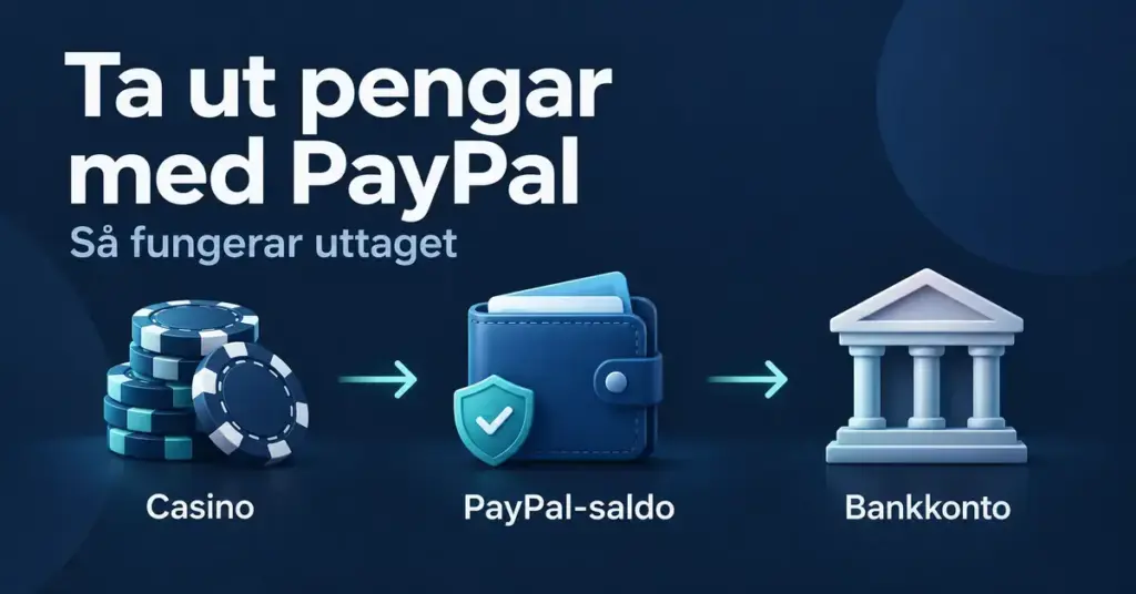 Illustration av ett casinouttag där pengar går från casino till PayPal-saldo och vidare till bankkonto, med spelmarker, en digital plånbok och en bankbyggnad.