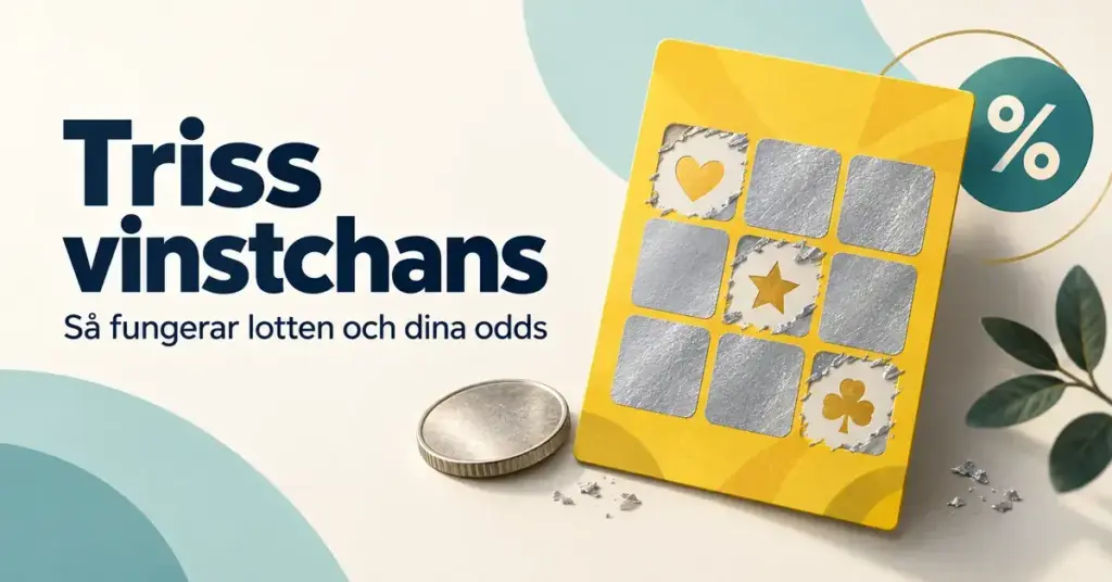 Illustration av en gul skraplott, ett mynt och en procentsymbol bredvid texten ”Triss vinstchans – Så fungerar lotten och dina odds”.