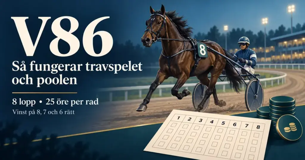 Illustration av en travhäst med sulky, en kupong med åtta avdelningar och spelmarker samt text om V86, radpriset 25 öre och vinst på 8, 7 och 6 rätt.