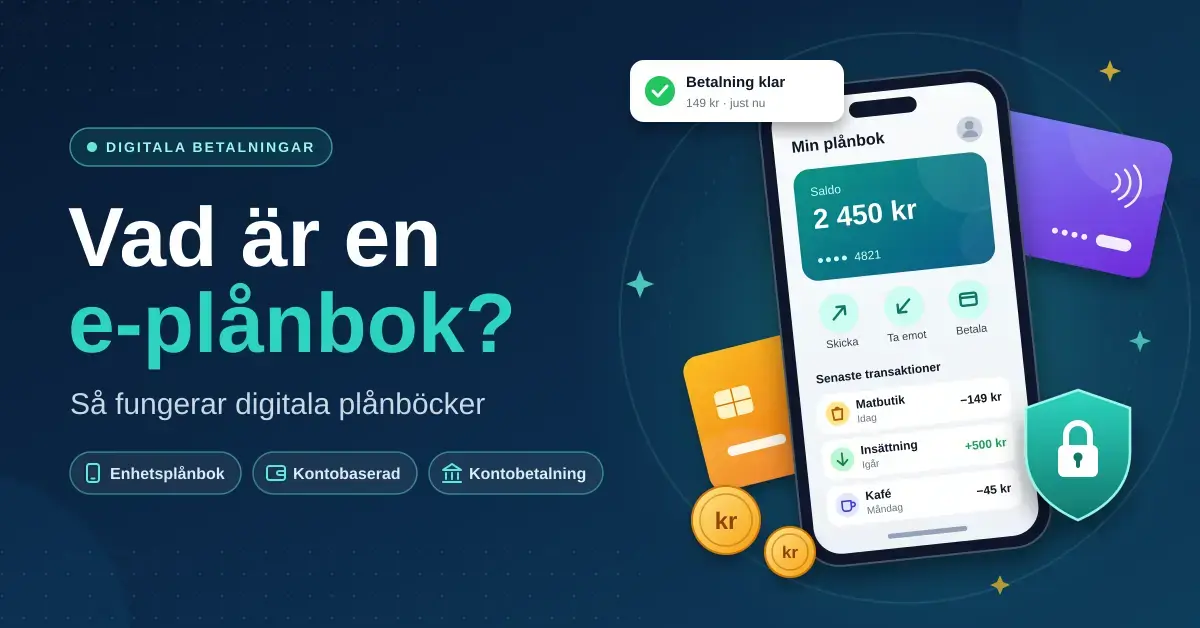 Illustration av en mobiltelefon med en digital plånbok som visar saldo och transaktioner, omgiven av betalkort, mynt och en säkerhetssköld, bredvid rubriken "Vad är en e-plånbok?".