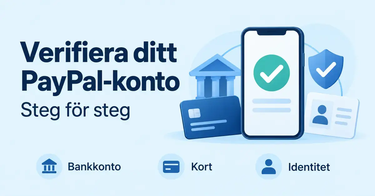 Illustration av verifiering av ett PayPal-konto med en mobiltelefon med bockmarkering samt symboler för bankkonto, kort och identitet.