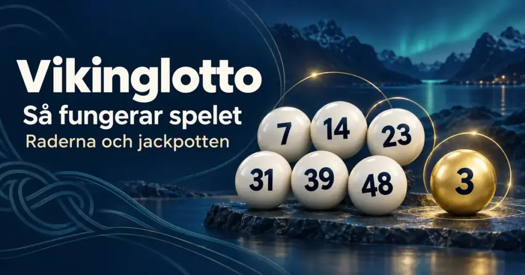 Sex vita nummerkulor och en gyllene vikingnummerkula framför ett nordiskt fjordlandskap med texten ”Vikinglotto – Så fungerar spelet – Raderna och jackpotten”.